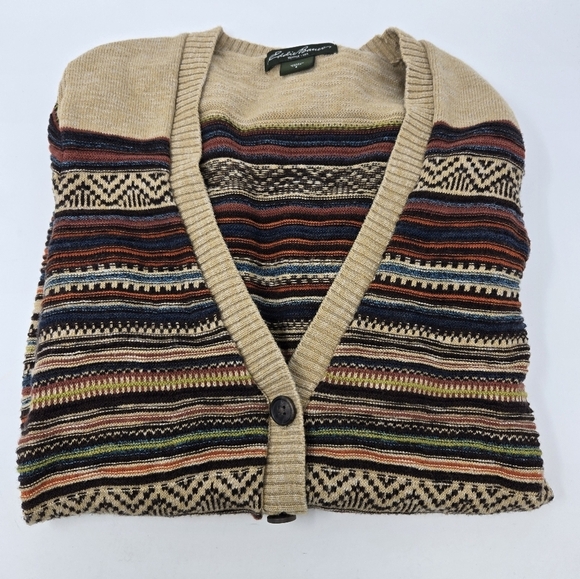 EDDIE BAUER LONG LINE BUTTON FRONT CARDIGAN COTTON SWEATER TAN STRIPE WOMEN S - Picture 13 of 15